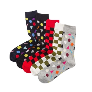 Five-pack of men's cotton crew socks with geometric and checkered patterns in diverse colors