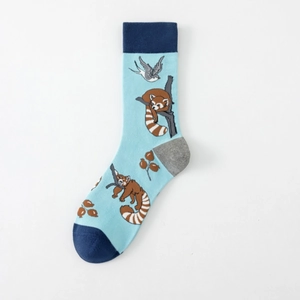 Close-up of light blue cotton socks featuring red panda and bird knitted patterns