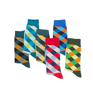 Five pairs of men's colorful argyle mid-calf socks with elastic ribbed cuffs