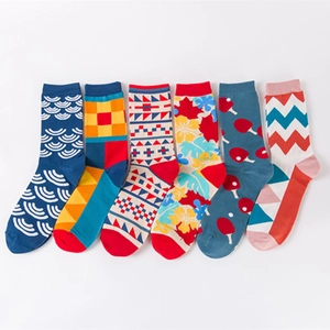 Chaussettes Mi-Mollet En Mélange De Coton Respirant Motif Géométrique Jacquard Coloré Mode Décontracté Hommes Femmes Adultes