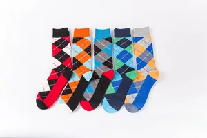Five-pack of colorful argyle patterned crew socks with elastic ribbed cuffs
