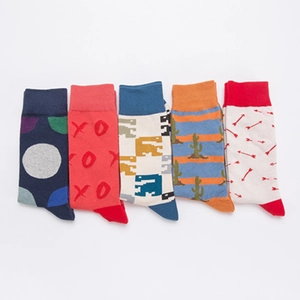 Set of five cotton crew socks featuring jacquard dinosaur, cactus, and XOXO patterns
