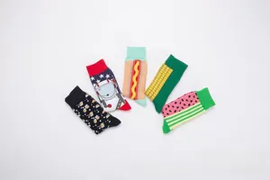 Detailed view of 5-pack cotton socks featuring astronaut, hot dog, and fruit patterns
