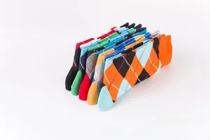 Close-up of stacked colorful argyle pattern cotton crew socks for men and women