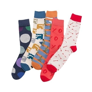 Five-pack of breathable cotton crew socks with fun jacquard patterns like dinosaurs and dots