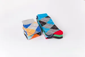 Detailed view of colorful argyle pattern knit socks in classic British college style