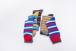 Close-up of colorful striped cotton crew socks set showing vibrant horizontal patterns