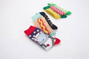 Close-up of colorful mid-calf cotton socks with creative patterns and vibrant designs