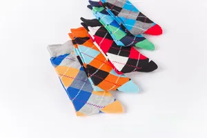 Detail of argyle pattern cotton crew socks in multiple colors and classic british style