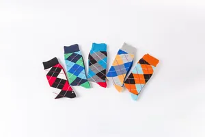 Detailed set of five cotton argyle pattern mid-calf socks in various color combinations