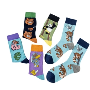 Five pairs of men's cotton crew socks featuring colorful animal patterns on white background