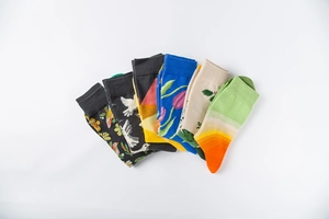 Detail of seven pairs of cotton socks featuring artistic floral and bird patterns