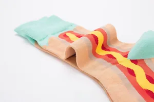 Detail of color-block knit socks with wavy patterns in mint green, beige, and yellow