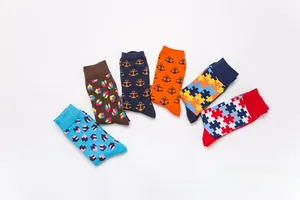 Set of six colorful mid-calf cotton socks with geometric patterns and puzzle designs
