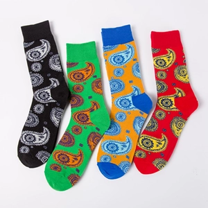 Fashionable paisley patterned crew socks in four colorful ethnic knit designs
