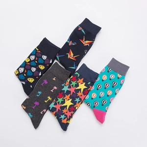 Five pack of men's crew socks with assorted patterns including stars and palm trees