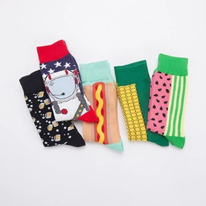 5-pack colorful cotton crew socks featuring astronaut, hot dog, and fruit patterns