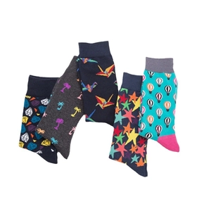 Set of five men's patterned cotton crew socks with geometric and novelty knit motifs