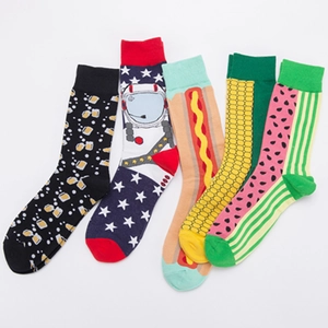 Five pairs of colorful cotton crew socks featuring creative food and space patterns