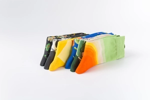Detailed set of six colorful patterned crew socks with vibrant nature and bird prints