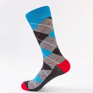Classic argyle cotton crew socks with vibrant blue and red contrast heel and toe accents