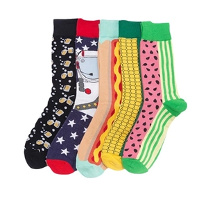 Five pack colorful crew socks featuring beer, astronaut, and food patterns on cotton fabric