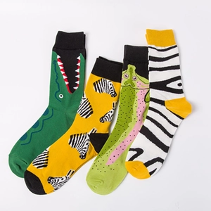 Set of four cartoon animal pattern mid-calf socks with crocodile and zebra designs