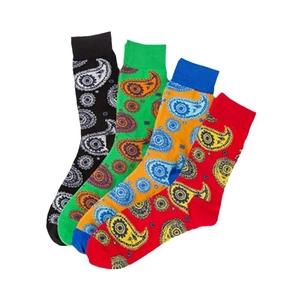 Autumn paisley patterned cotton crew socks in black, green, orange and red colors