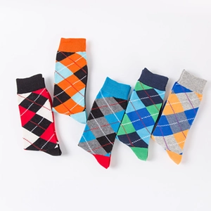 Five pairs of classic Argyle pattern cotton crew socks in vibrant assorted colors