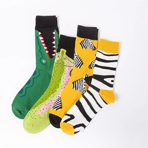 Colorful animal pattern cotton crew socks featuring crocodile and zebra designs for couples
