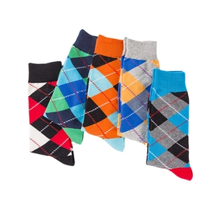 Set of five pairs of vibrant argyle pattern cotton crew socks for men and women