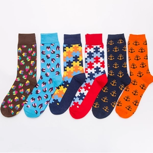Fashion Colorful Crew Socks Cotton Blend Mid-Calf Breathable Soft Casual Geometric Puzzle Anchor Pattern Novelty For Men Women