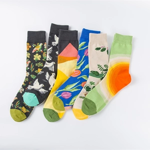 Artistic mid-calf socks set with 6 diverse floral and landscape prints in cotton blend