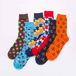 Colorful mid-calf cotton socks set with puzzle and geometric heart patterns in various colors