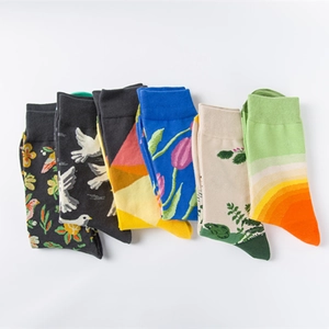 Set of 6 pairs of artistic cotton crew socks with nature-inspired floral and bird patterns