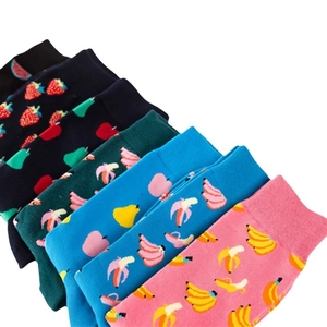 Five pairs of colorful cotton crew socks featuring various cartoon fruit patterns