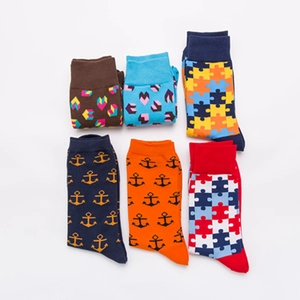 Colorful geometric heart and puzzle patterned cotton crew socks set in 6 unique designs
