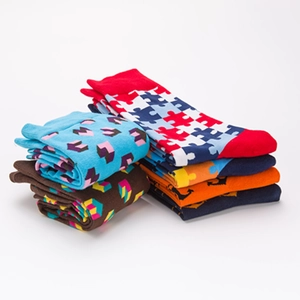 Colorful patterned cotton crew socks featuring puzzle, geometric and abstract prints