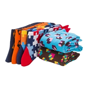 Set of colorful cotton socks with vibrant puzzle and geometric patterns for men and women