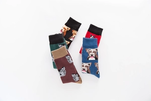 Detailed flat lay of colorful mid-calf cotton socks with cartoon dog breed patterns