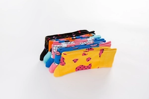 Close-up of cotton crew socks set featuring street art patterns and colorful knit textures