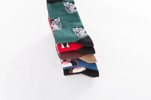 Detailed stack of cotton socks featuring dog patterns in green, red, brown, blue and black