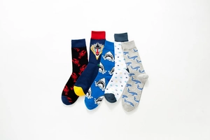 Detailed set of five mid-calf cotton socks with fun shark, whale, and lobster patterns