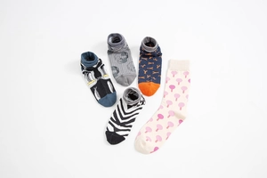 Detail of five assorted cotton socks featuring colorful wave, lobster and mushroom patterns