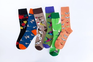Detailed set of cotton crew socks featuring nature prints like birds and butterflies