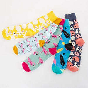 Five pack of colorful Easter cotton socks with rabbit flamingo and lamb patterns