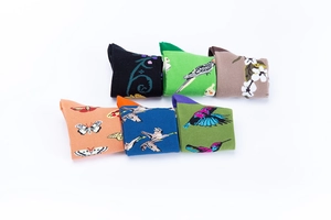 Detailed set of six cotton crew socks featuring nature prints like birds and butterflies