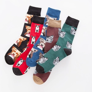 Five pairs of dog print cotton crew socks in black, red, blue, brown, and green