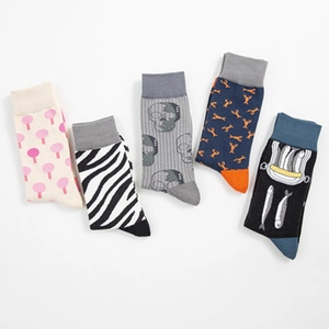 Five pack colorful mid-calf cotton socks with fun patterns like polka dots and zebra stripes
