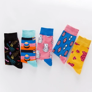 Five pairs of colorful cotton mid-calf socks featuring vibrant pop art and music patterns